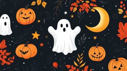 Halloween Night Illustration with Pumpkins, Ghosts, and a Crescent Moon