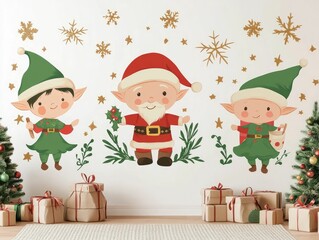 Fototapeta premium Delightful Christmas wall decals featuring a charming of Santa Claus and elves perfect for adding a festive touch to nursery and children s spaces