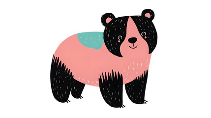 Fototapeta premium Charming Baby Bear Illustration, full-body view, simple lines, tea rose turquoise black mauve pink palette on white background
