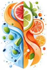 A vibrant illustration showcasing fresh fruits and flowing water, symbolizing nature's harmony and refreshing flavors.