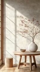 Minimalist composition of japandi living room interior with modern paint, wooden sideboard, vase with red rowan, carpet, bowl, candlestick, books and personal accessories. Home decor, Generative AI