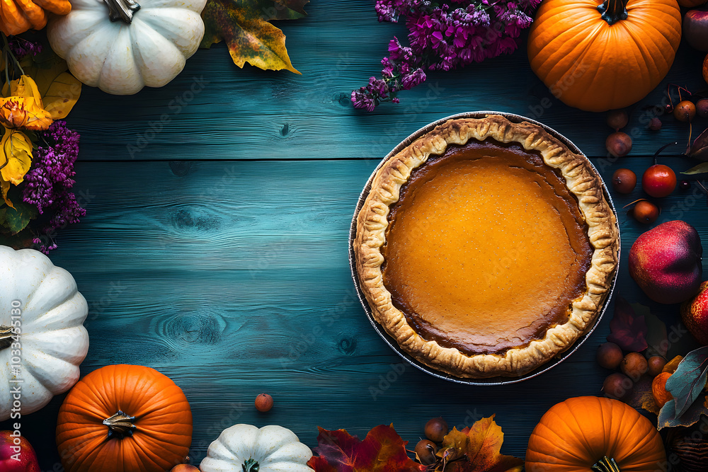 Wall mural Autumn thanksgiving moody background with pumpkin pie, different pumpkins, fall fruit and flowers on green rustic wooden table. Flat lay