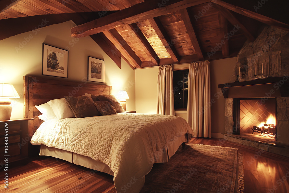 Canvas Prints Rustic Cozy Bedroom Featuring Wooden Beams and Warm Fireplace  