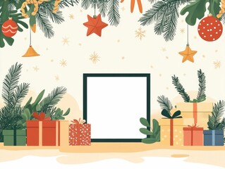 Cozy Christmas nursery decor with festive frame ornaments wreaths and evergreen foliage  Flat design of a holiday themed nursery setting with a picture frame gifts and seasonal