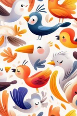 A vibrant pattern featuring various colorful birds and leaves, perfect for nature lovers and artistic designs.