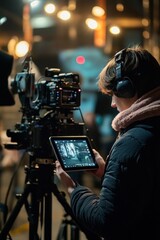 Filmmaker reviewing footage on tablet on set