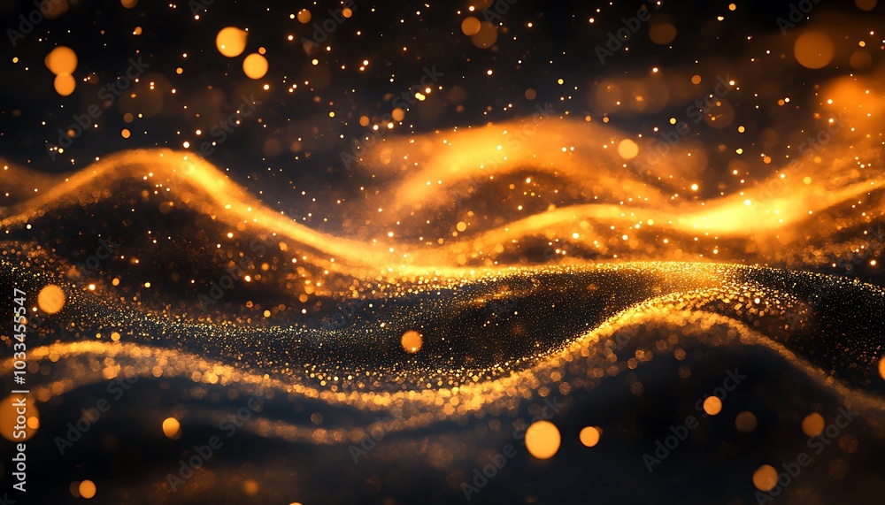 Aufkleber a mesmerizing wave of golden particles glimmers against a dark background, creating an enchanting, e