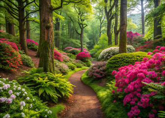 serene woodland scene featuring winding path surrounded by vibrant flowers and lush greenery, creating peaceful and enchanting atmosphere