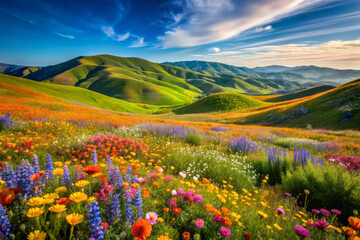Fototapeta premium Vibrant colors of wildflowers dance across gentle rolling hills under bright blue sky, creating picturesque landscape that evokes sense of tranquility and joy