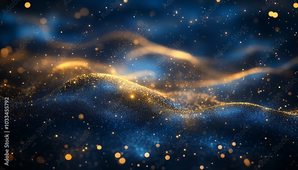 Leinwandbilder A dynamic, abstract representation of shimmering waves in blue and gold, evoking a sense of depth and movement in a cosmic setting.