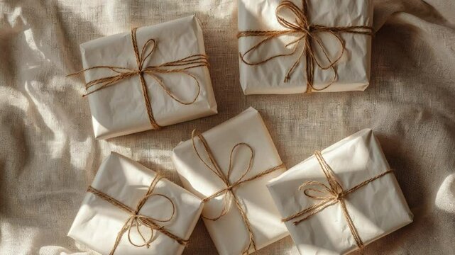 Elegant White Gift Boxes with Twine on Textured Fabric