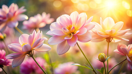 Fototapeta premium Delicate flower petals unfold in soft morning light, creating serene and uplifting atmosphere. gentle hues of pink and yellow evoke sense of tranquility and beauty