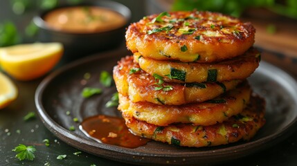 A stack of zucchini fritters sits on a dark plate. Concept is appetizing food photography. For food blog content