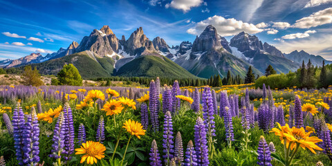 stunning landscape featuring vibrant purple lupines and bright yellow daisies in foreground, set against majestic mountains and clear blue sky. scene evokes sense of tranquility and natural beauty