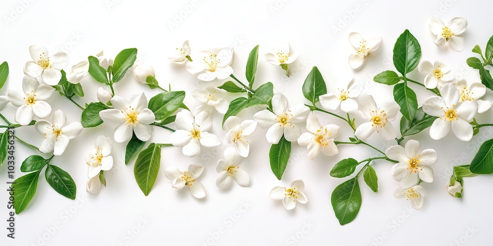 Poster a collection of lovely jasmine flowers and branches isolated on a white background in close-up. top 