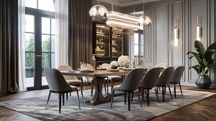 Obraz premium Elegant Dining Room Interior with Modern Furniture and Chandelier