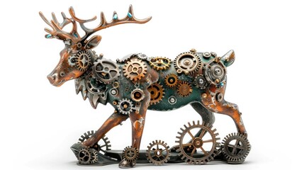 Intricate steampunk inspired sculpture of a deer featuring a combination of organic and mechanical elements  The sculpture is adorned with gears cogs and other metallic components