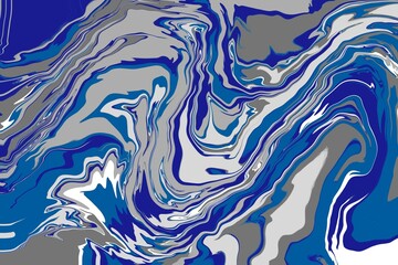Fluid art texture. Background with abstract mixing paint effect. Liquid acrylic picture that flows and splashes. Mixed paints interior poster. Blue, white and gray overflowing colors. Template design