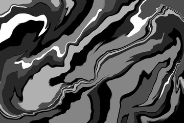 Dark liquid marble background. Black grey background with white splashes. Mixed oil paints. Art Zebra background. Art fluid. Marbling template design presentation. Wide ratio frame. Flow, fluid waves.