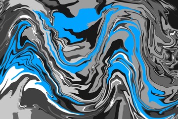 Fluid art texture. marble abstract mixing paint effect background. Liquid acrylic picture that flows and splashes. Mixed paints interior poster design. Blue white gray black overflowing colors.