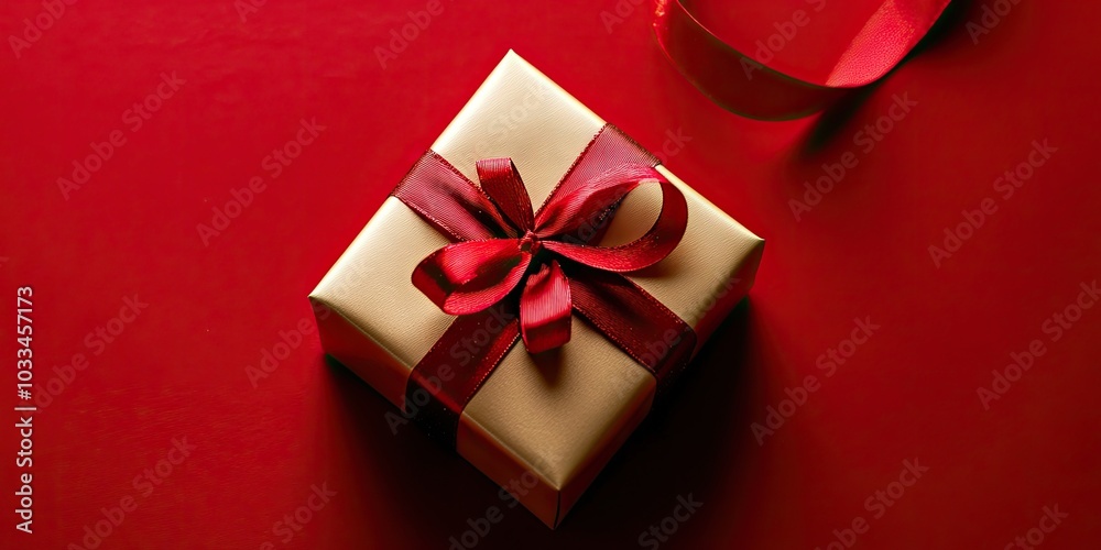 Aufkleber a small gold present with a red ribbon resting on a red background.