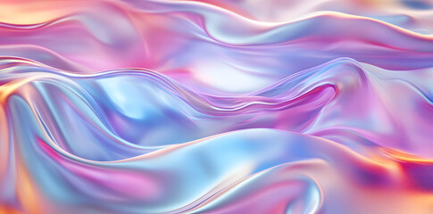 Fototapeta premium 3D render of a colorful iridescent holographic background. Colorful abstract fluid liquid waves with a hologram effect, holography, a shiny wavy cloth texture.