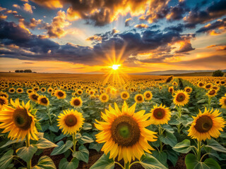 Obraz premium stunning sunset illuminates vast field of sunflowers, creating warm golden light that enhances beauty of nature. vibrant flowers stand tall, basking in sunlight