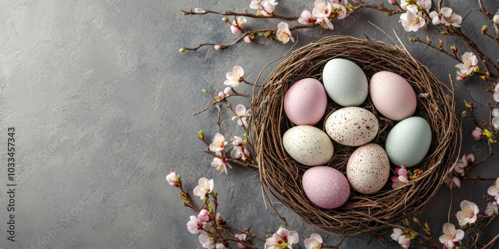 Aufkleber easter eggs in a nest on a grey background. easter backdrop featuring eggs and spring flowers. top v