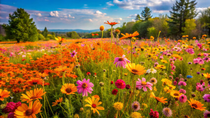 Obraz premium Vibrant wildflowers in shades of pink, orange, and yellow create stunning landscape under bright blue sky. scene evokes sense of tranquility and natural beauty