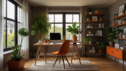 Fototapeta premium Bright and Modern Home Office Setup: Vibrant Design, Comfort, and Productivity for Remote Work
