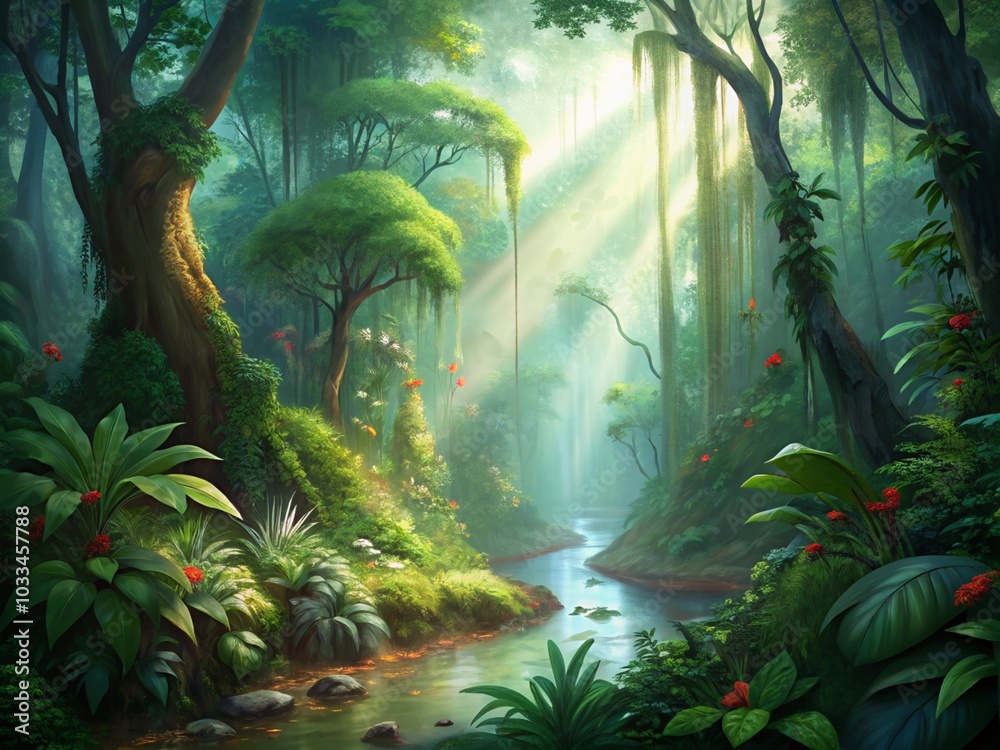 Wall mural beautiful tropical rainforest in the misty morning. fantasy forest