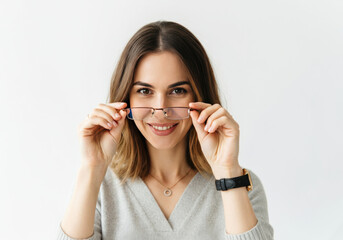 Fototapeta premium A woman smiling while holding her glasses up, posing confidently against a plain background in a bright indoor setting