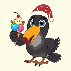 A happy black bird spreads joy. It's wearing a festive Christmas hat. In its wing, it holds a delicious ice cream.