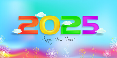 Happy New Year 2025 banner with rainbow and cheerful flowers illustration