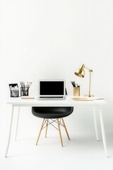 Minimalist Home Office Desk Setup with Golden Lamp