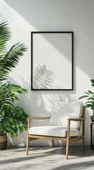 Interior design of white living room space with modern armchair, mock up poster frame, commode,  books, plants and personal accessories. Template. Home, Generative AI