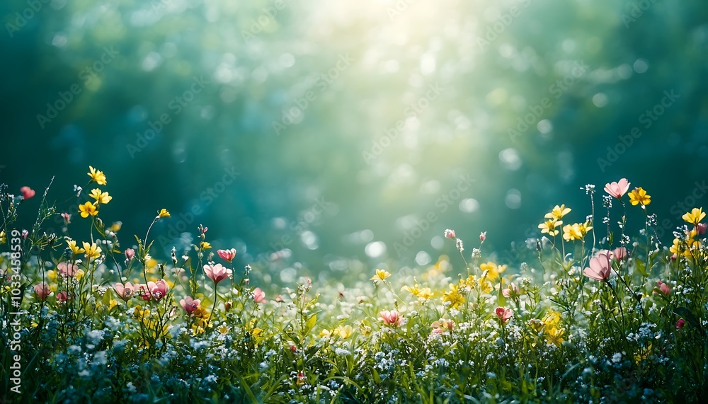 Poster ### description a vibrant meadow filled with colorful flowers under soft sunlight, creating a serene