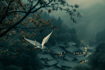 Generative AI origami bird flying over tranquil landscape