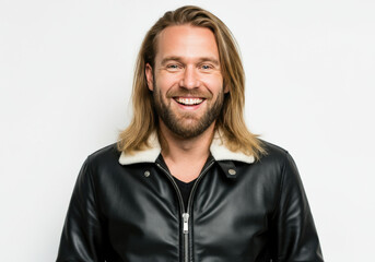 Obraz premium Smiling man with long hair in a black leather jacket poses against a neutral background, exuding confidence and warmth