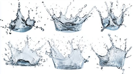 Set of realistic water splashes isolated on white background. High-quality water elements for design, advertising, and creative projects. Dynamic splashes capturing fluid motion 