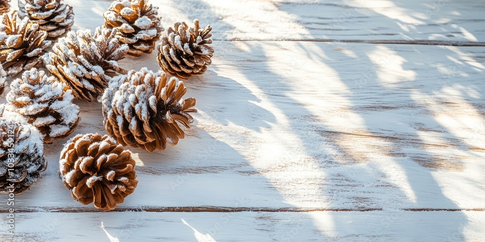 Poster snow-covered and brown pine cones on a rustic white wood table with sunlight shadows, creating a chr