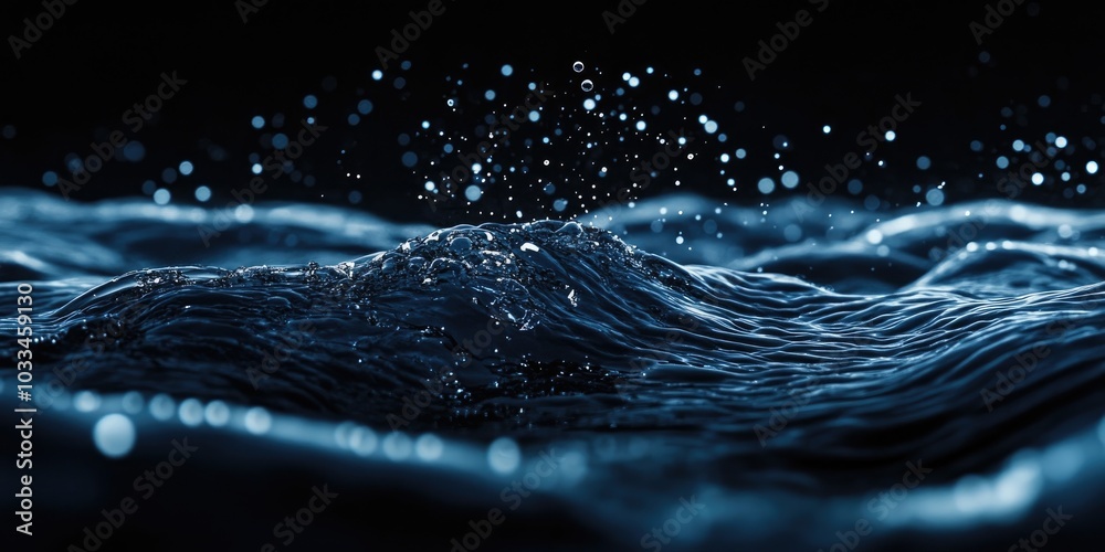 Poster Natural black water surface wave background featuring a blurred filter for a soft motion effect, with abstract white bubbles reflecting trendy neon lights in a dark ocean blue graphic and copy space.