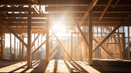 Sunlight streams through the wooden frame of an unfinished house, capturing the essence of new beginnings and construction potential.