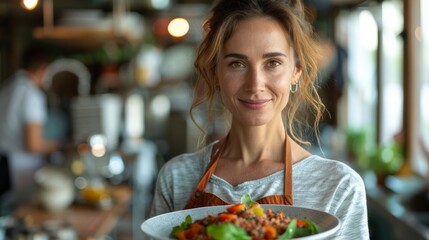 Woman in kitchen holding a salad, wearing apron. Concept is cooking and healthy food. For food blog or lifestyle magazine cover...