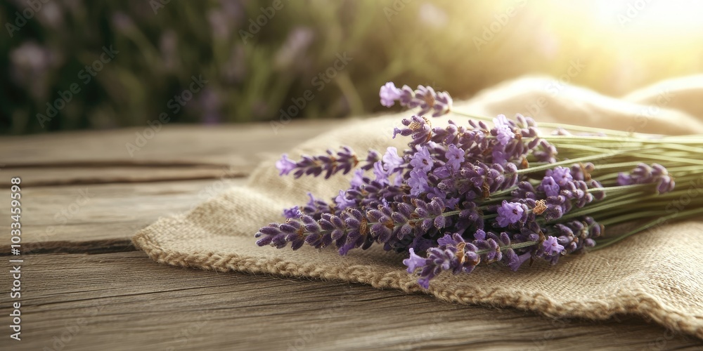 Poster a bundle of lavender flowers resting on a cloth on a wooden surface with copy space. a bundle of lav