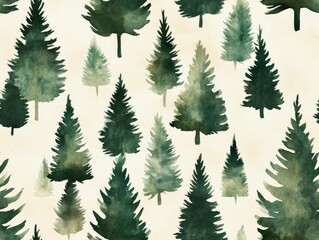 Obraz premium Seamless watercolor pattern featuring a minimalist and serene arrangement of evergreen trees in muted shades of green set against a soft beige background