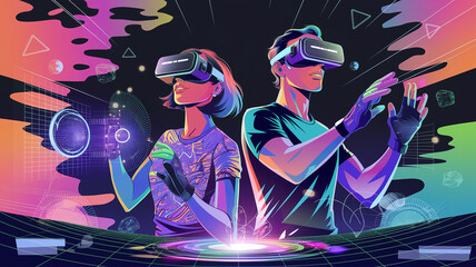 A vibrant and dynamic illustration of a virtual reality experience
