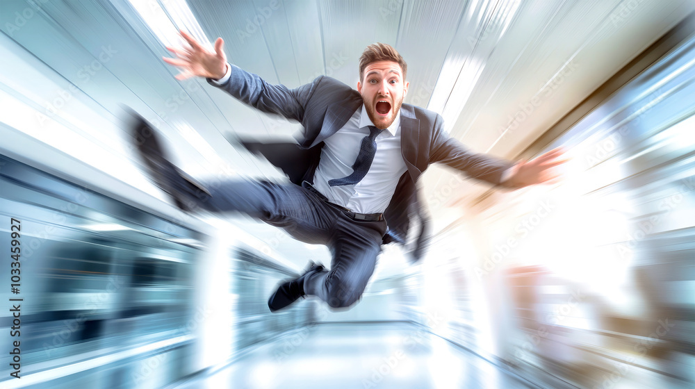 Wall mural a businessman dramatically falls through an office space, captured in motion blur, highlighting the 