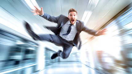 A businessman dramatically falls through an office space, captured in motion blur, highlighting the intensity of the moment and the sleek surroundings