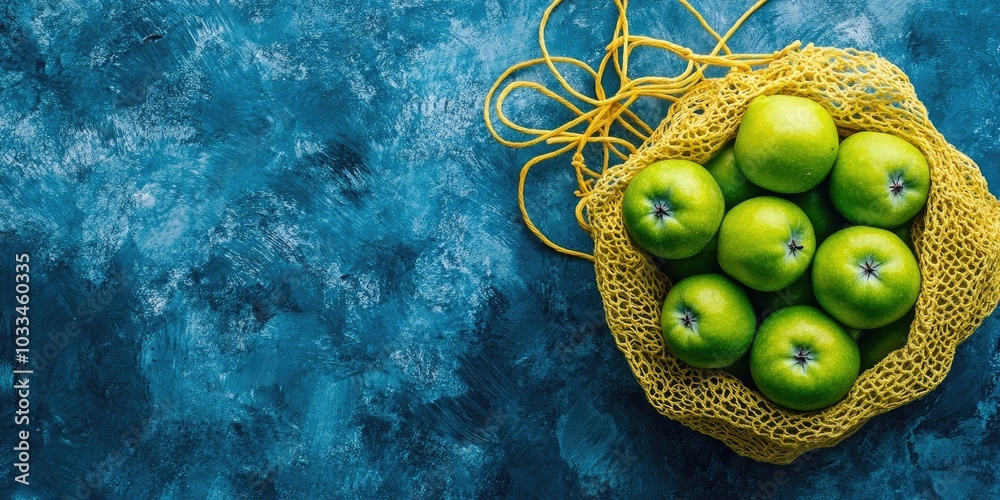 Poster A yellow string bag filled with green apples rests on blue concrete. The image includes copy space and is viewed from above.